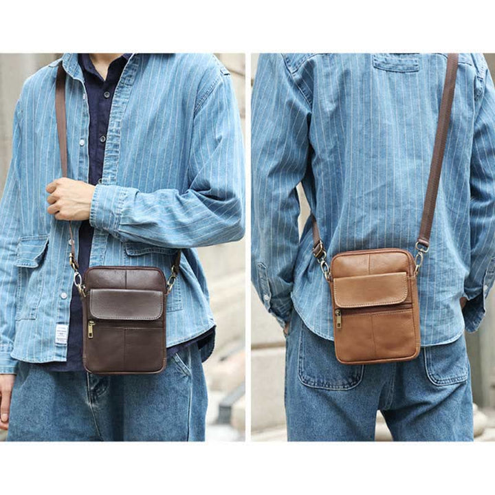 Kleine Messenger-Umhängetasche aus echtem Leder für Herren mit mehreren Taschen