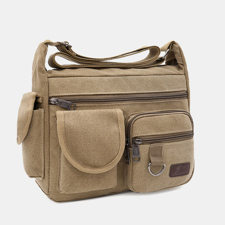 Große Retro-Umhängetasche aus Canvas mit mehreren Taschen