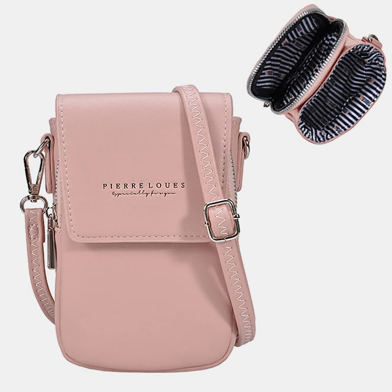 Mini-Telefontasche für Damen, Umhängetasche aus Leder mit zwei Fächern