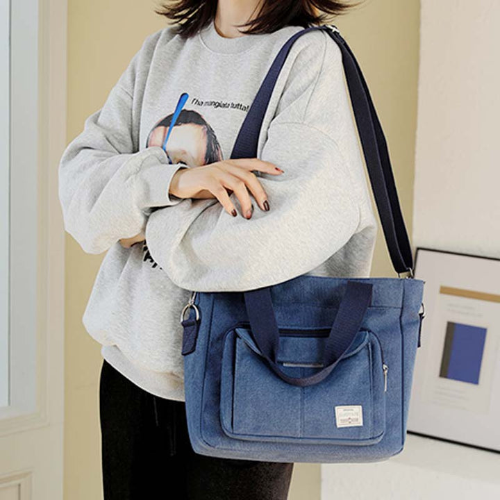 Damen Handtasche aus Canvas mit Griff und mehreren Taschen, Umhängetasche, Schultertasche, Tote, Geldbörse