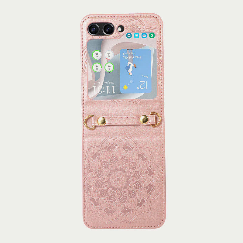 Handyhülle für Z Flip5 mit Blumenmuster, Leder, Umhängetasche