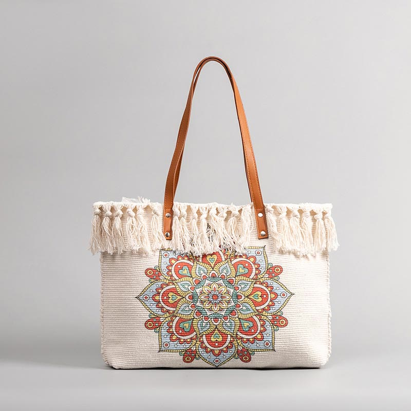 Tragetasche für Damen, Schultertasche aus Canvas mit Quaste und Bohemian-Print