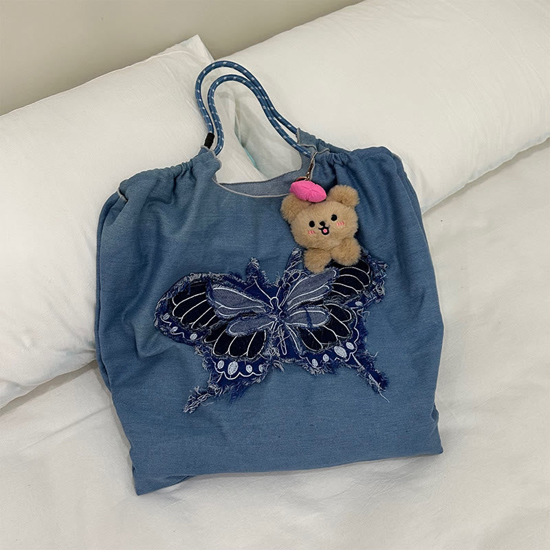Umhängetasche mit Schmetterlingsmuster für Damen, große Tragetasche aus Denim