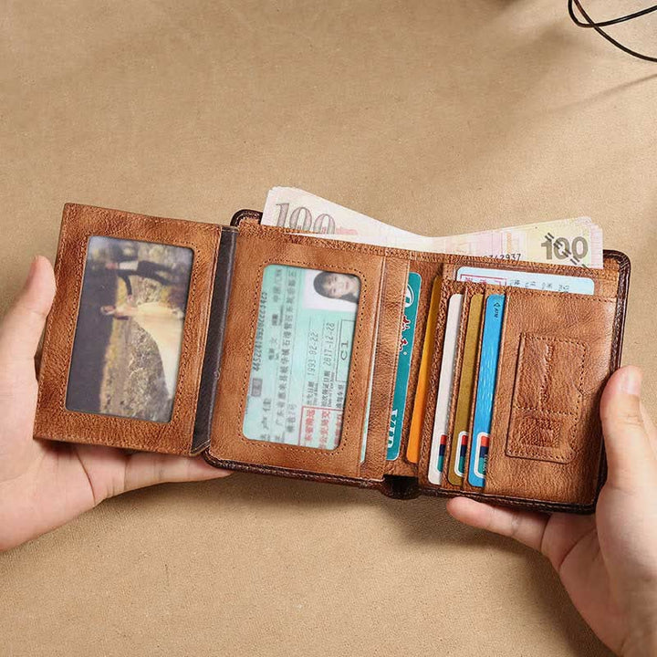 RFID Retro Dreifach faltbare Geldbörse aus echtem Leder