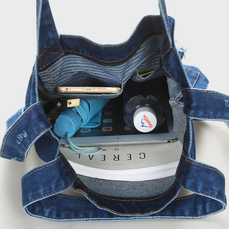 Denim Tote für Ausflüge Retro Canvas zerrissene Umhängetasche - image 1