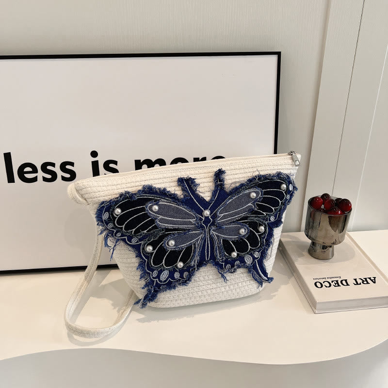 Stickerei Schmetterling Schultertasche Baumwolle Leinen Crossbody Geldbörse für Frauen