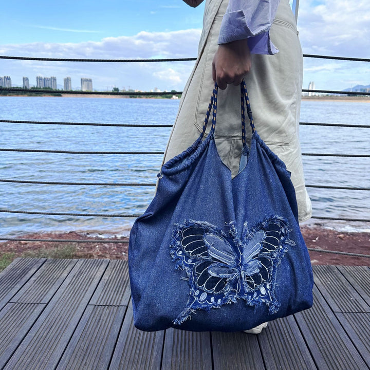 Umhängetasche mit Schmetterlingsmuster für Damen, große Tragetasche aus Denim