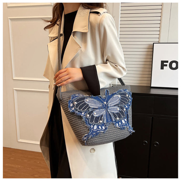 Stickerei Schmetterling Schultertasche Baumwolle Leinen Crossbody Geldbörse für Frauen