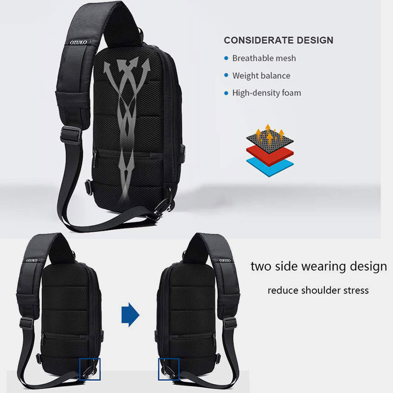 Modische Schultertasche mit mehreren Taschen, Brusttasche mit Passschloss und USB-Ladeanschluss