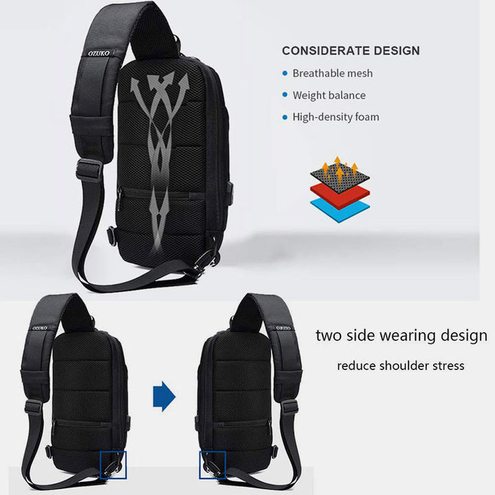 Modische Schultertasche mit mehreren Taschen, Brusttasche mit Passschloss und USB-Ladeanschluss