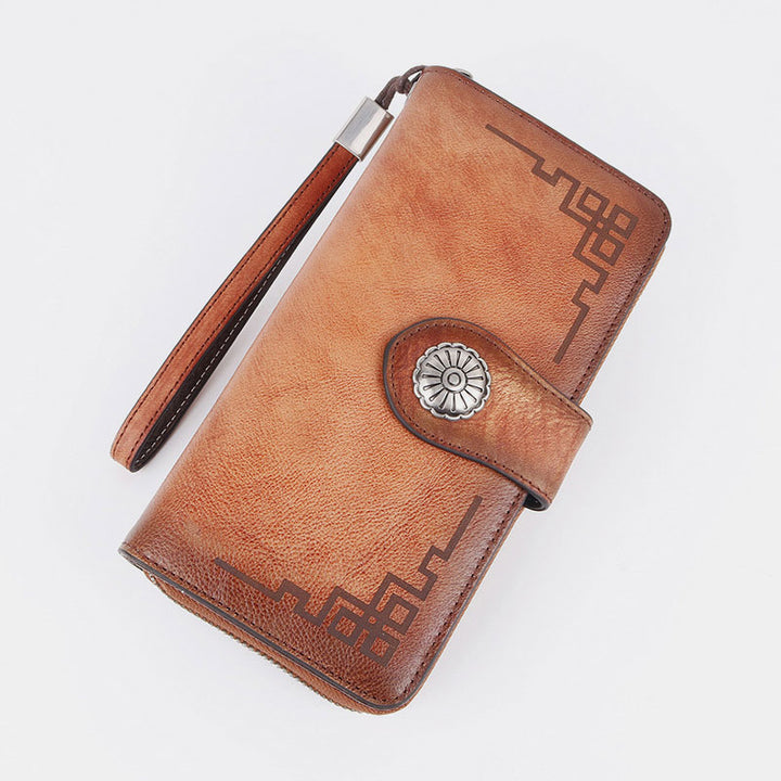 Clutch aus echtem Leder mit Reißverschluss, lange Handy-Geldbörse mit abnehmbarem Armband