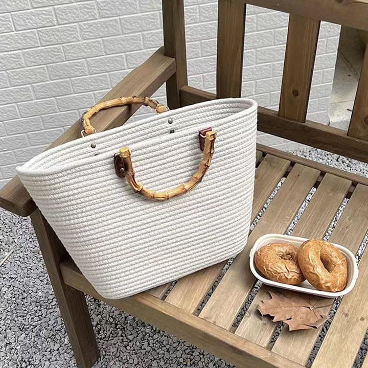 Große Einkaufstasche aus gewebtem Frühlingsstroh für Damen mit Bambusgriff