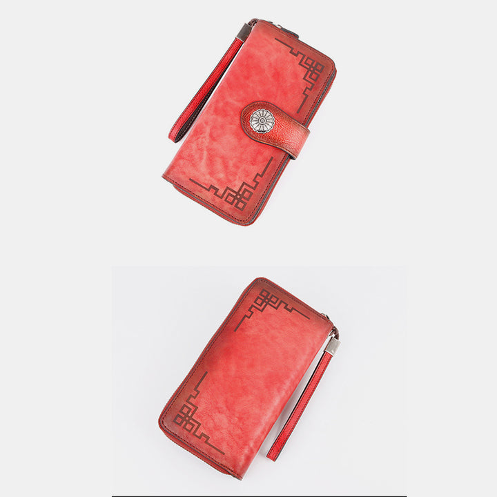 Clutch aus echtem Leder mit Reißverschluss, lange Handy-Geldbörse mit abnehmbarem Armband