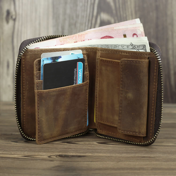 Retro Leder Geldbörse Multifunktionale Kleine Geldbörse mit Reißverschluss für Herren