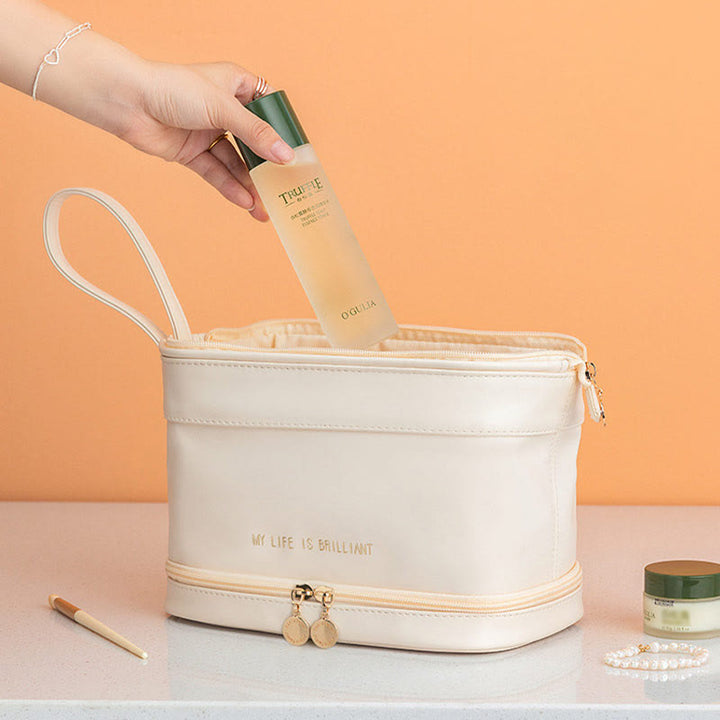 Make-up-Tasche für Damen, tragbare Reise-Kulturtasche aus Leder