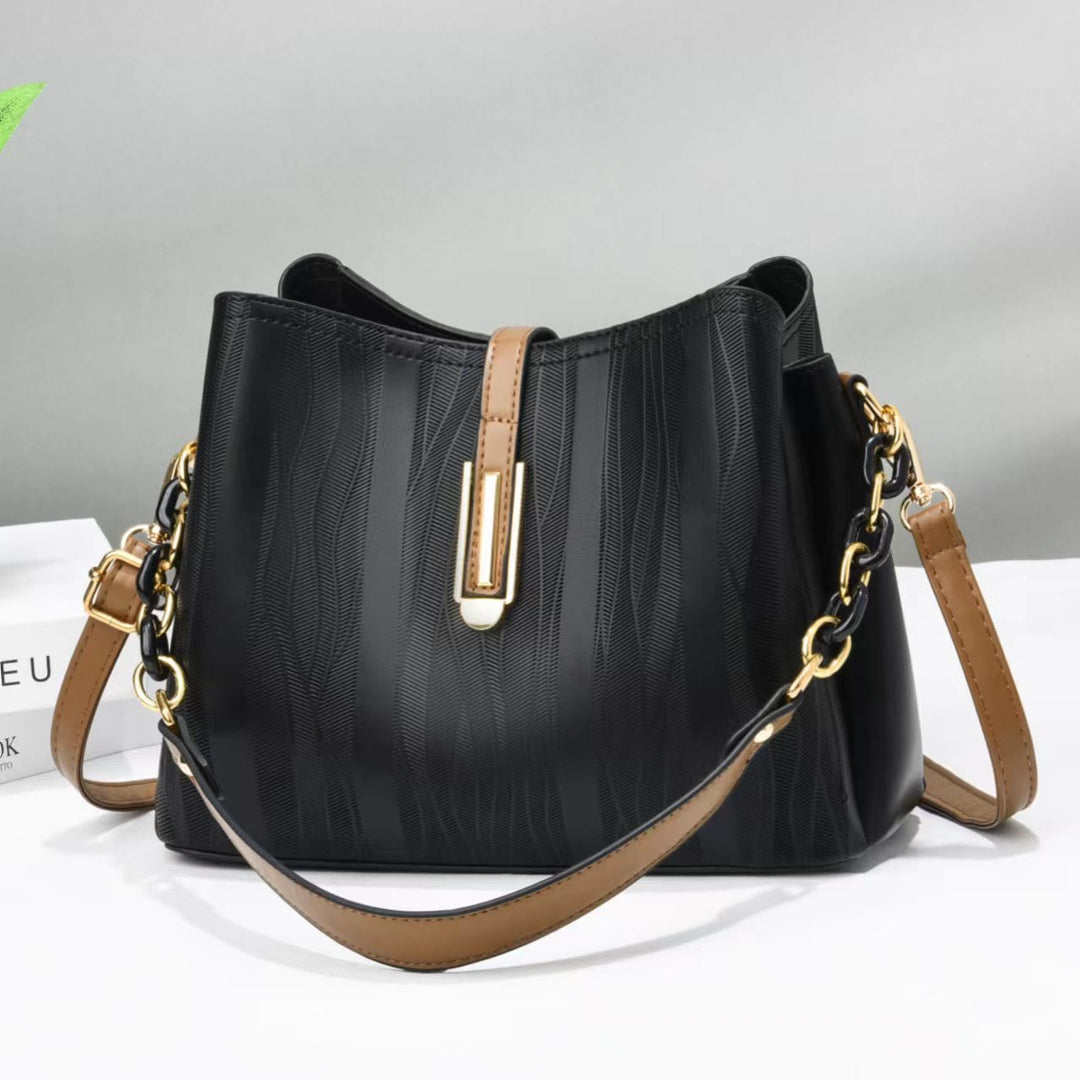 Handtasche mit Streifenmuster für Damen, groß, veganes Leder, Umhängetasche