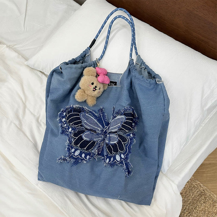 Umhängetasche mit Schmetterlingsmuster für Damen, große Tragetasche aus Denim