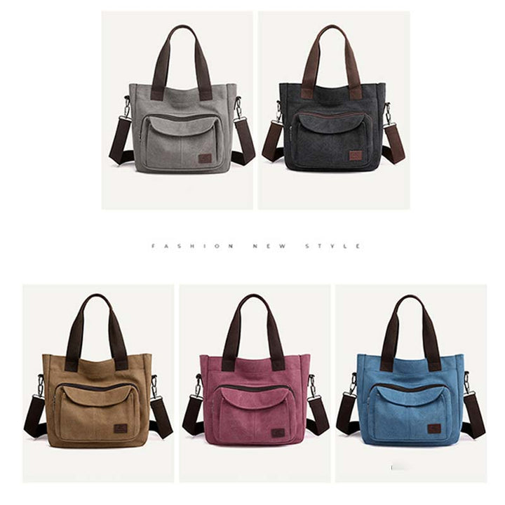 Damen Handtasche aus Canvas mit Griff und mehreren Taschen, Umhängetasche, Schultertasche, Tote, Geldbörse