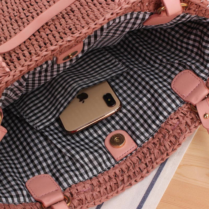 Tragetasche für Damen, ausgehöhlte, tragbare Strandtasche aus Stroh