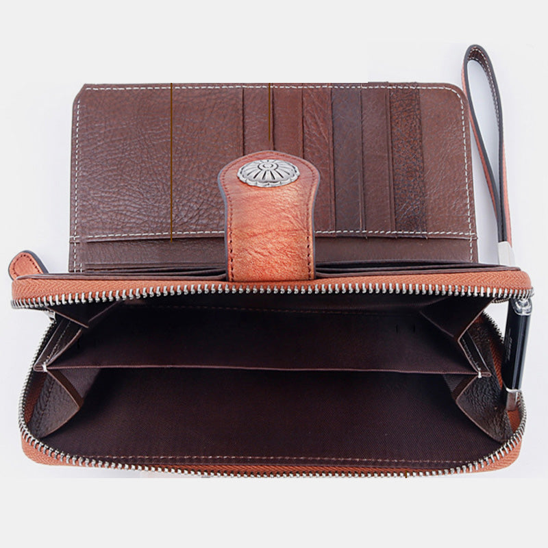 Clutch aus echtem Leder mit Reißverschluss, lange Handy-Geldbörse mit abnehmbarem Armband