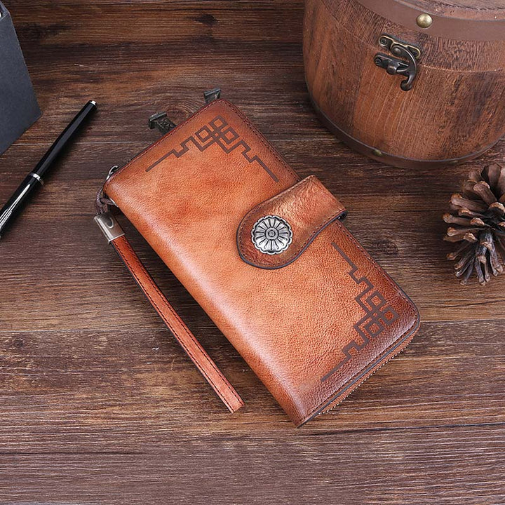 Clutch aus echtem Leder mit Reißverschluss, lange Handy-Geldbörse mit abnehmbarem Armband