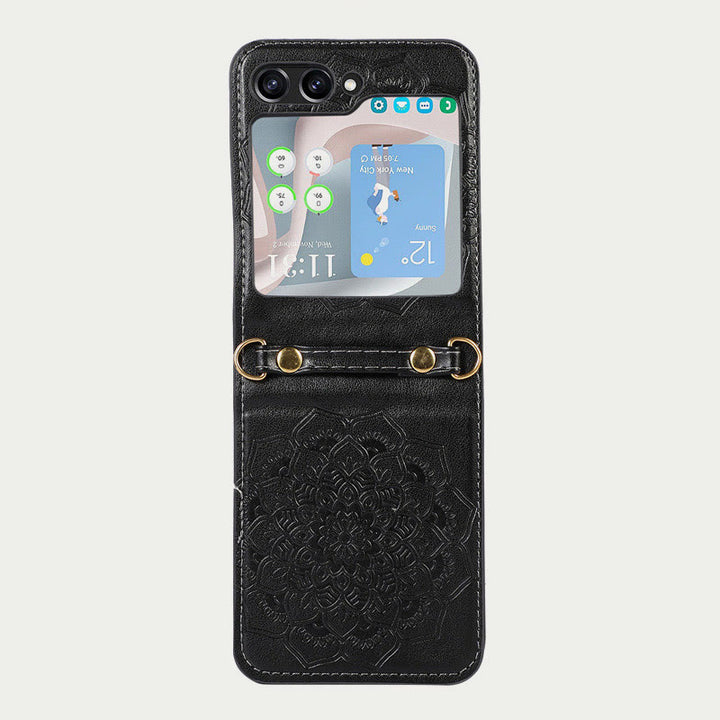 Handyhülle für Z Flip5 mit Blumenmuster, Leder, Umhängetasche