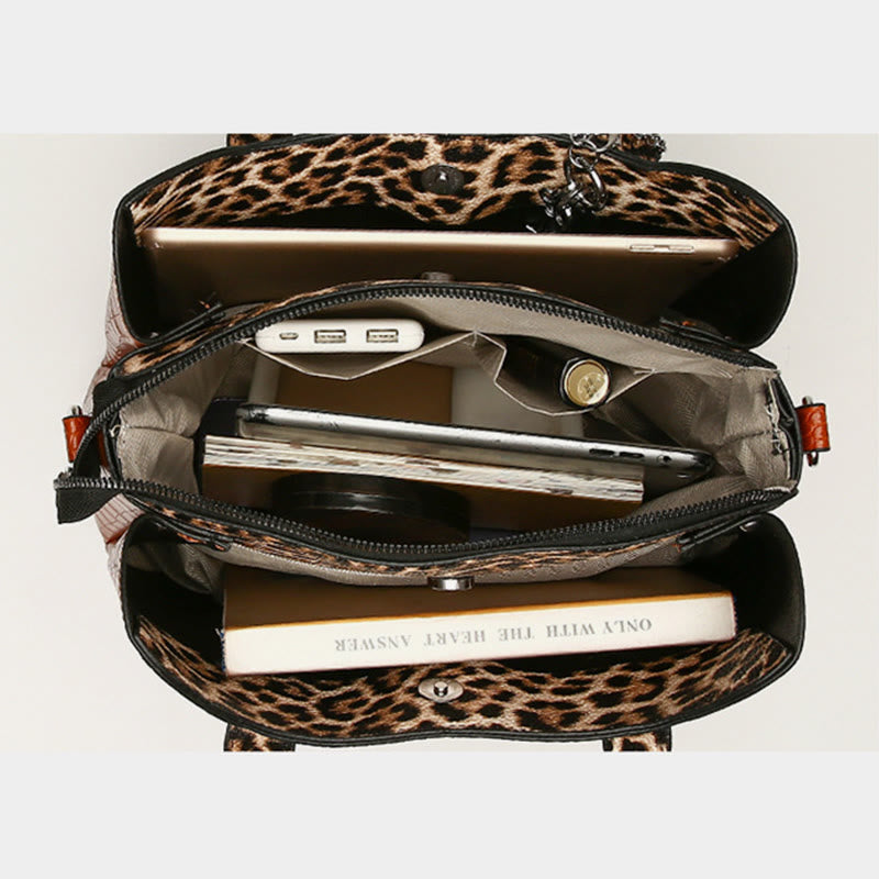 Tragetasche aus Krokodil-Leoparden-Leder für Damen, 3-teiliges Taschenset