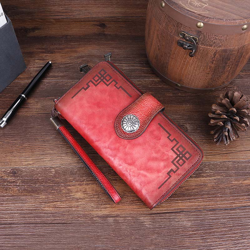 Clutch aus echtem Leder mit Reißverschluss, lange Handy-Geldbörse mit abnehmbarem Armband