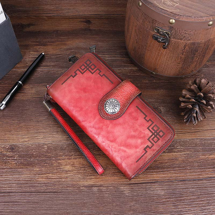 Clutch aus echtem Leder mit Reißverschluss, lange Handy-Geldbörse mit abnehmbarem Armband