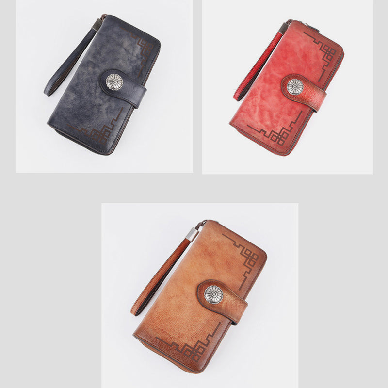 Clutch aus echtem Leder mit Reißverschluss, lange Handy-Geldbörse mit abnehmbarem Armband
