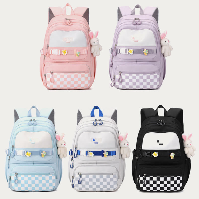 Rucksack für Damen, kariertes Muster, helle Farbe, einfache Schultasche