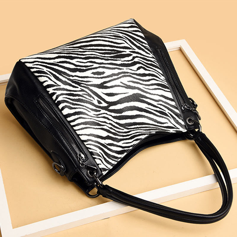 Tote mit Leoparden-Zebra-Print für Damen, veganes Leder, große Handtasche