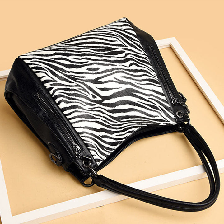 Tote mit Leoparden-Zebra-Print für Damen, veganes Leder, große Handtasche