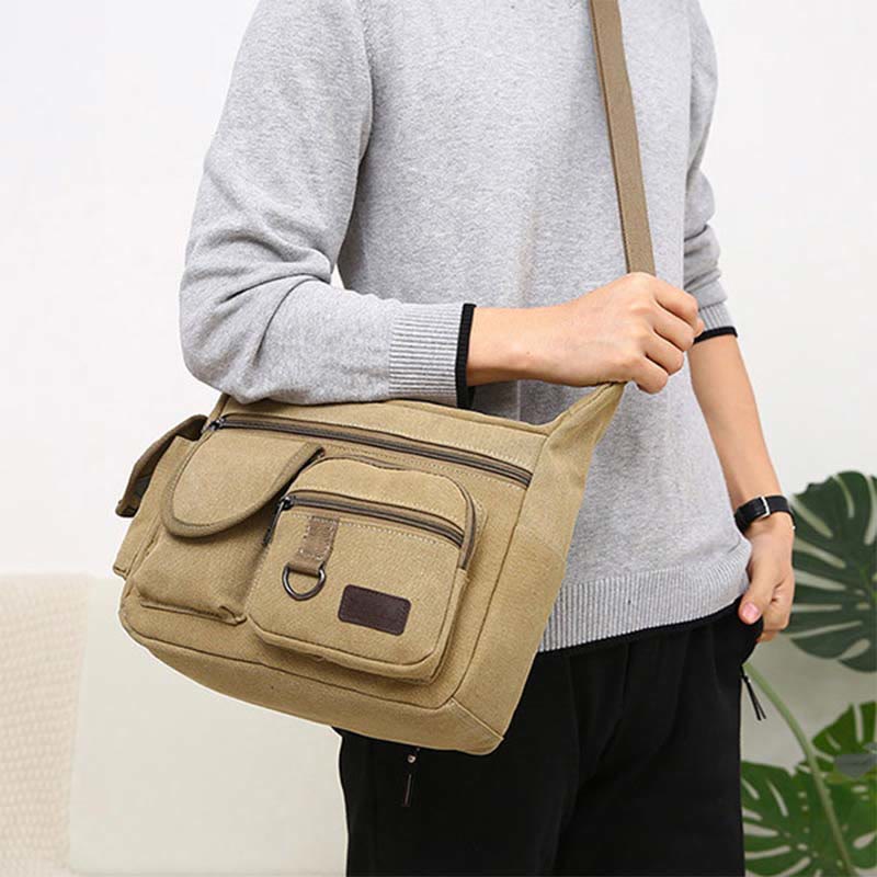 Große Retro-Umhängetasche aus Canvas mit mehreren Taschen
