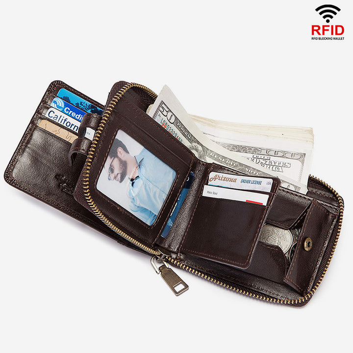 Dreifach gefaltete Geldbörse aus echtem Leder mit RFID-Blockierung und Rundum-Reißverschluss