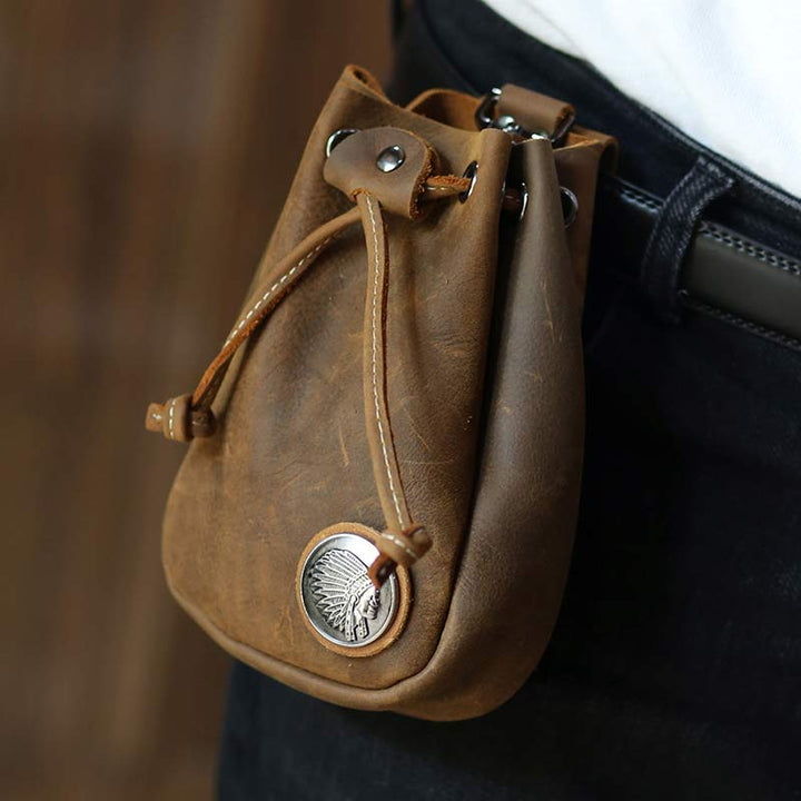 Retro Unisex Hüfttasche Kleine Kordelzug Leder Gürteltasche