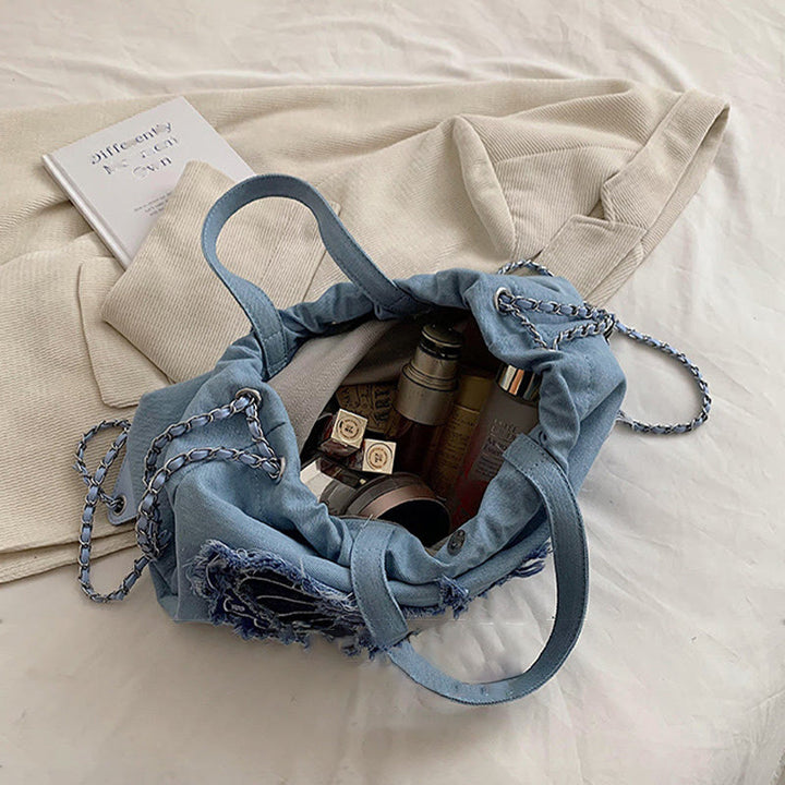 Denim Canvas Rucksack für Damen mit Schmetterlingsmotiv, mehrere Tragemöglichkeiten, Tagesrucksack