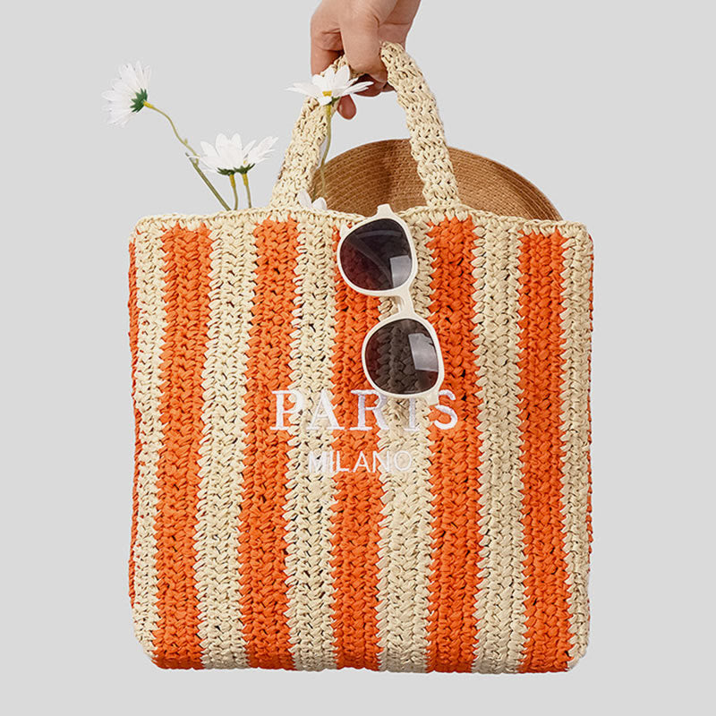 Strandtasche für Damen, Sommer, Urlaub, Reise, gestreifte Strohhandtasche