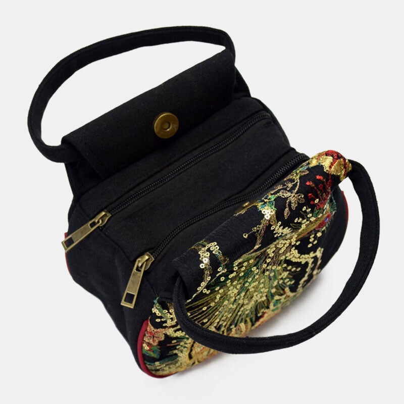 Handtasche aus Segeltuch mit Phönix-Stickerei und Pailletten im Ethno-Stil