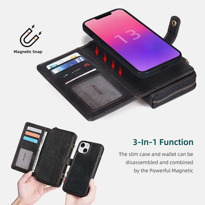 Brieftaschenhülle für iPhone Samsung [2 in 1] Magnetische abnehmbare Geldbörse [Crossbody-Kette] Folio Flip Card Solt Protection Back Cover