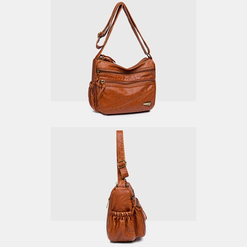 Umhängetasche aus weichem Leder mit zwei Fächern, Retro-Handtasche für Damen