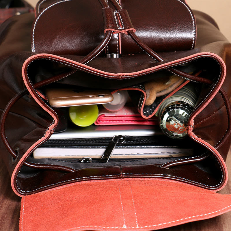 Klassischer Tagesrucksack für Damen, Ausflugsrucksack aus Leder mit Kordelzug