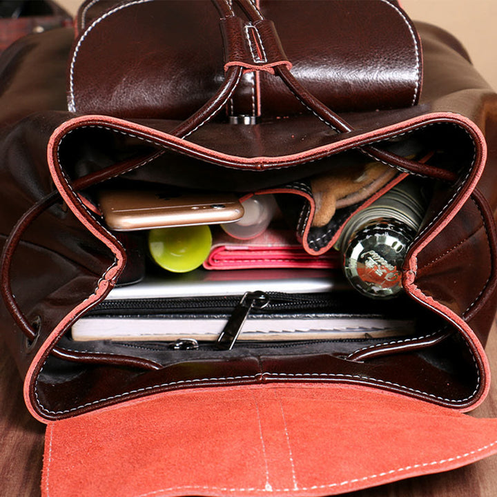 Klassischer Tagesrucksack für Damen, Ausflugsrucksack aus Leder mit Kordelzug