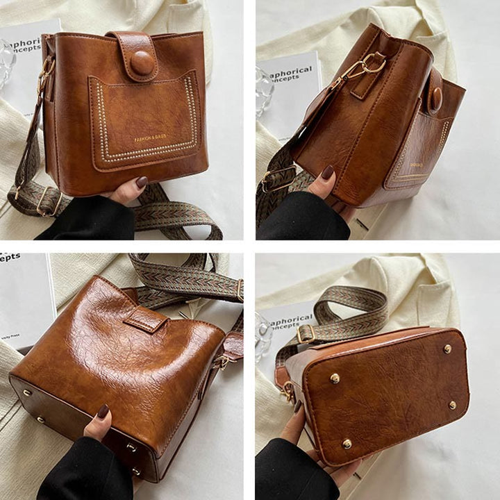 Damen Bucket Bag mit breitem Riemen, einfarbig, elegante Umhängetasche