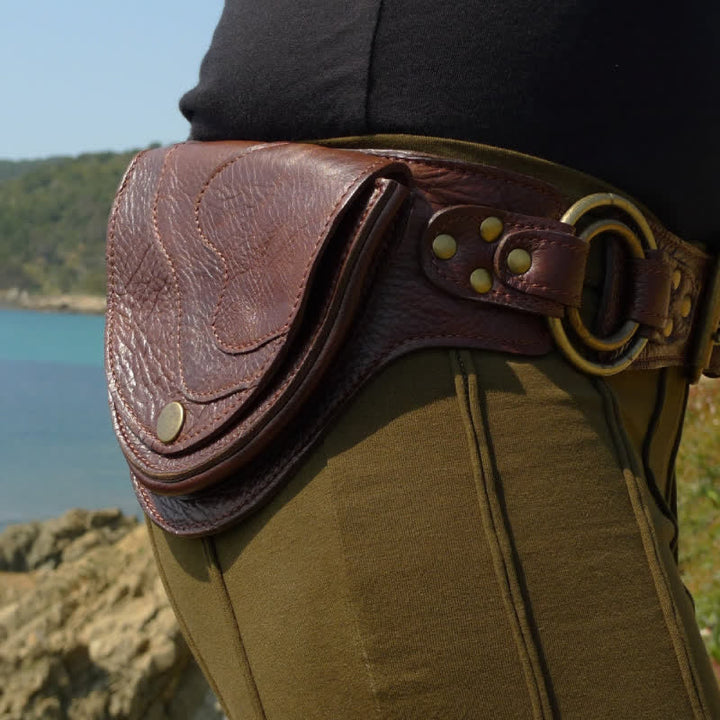 Mittelalterliche Gürteltasche aus Leder mit zwei Taschen, Vintage-Hüftgürtel, Taillentasche