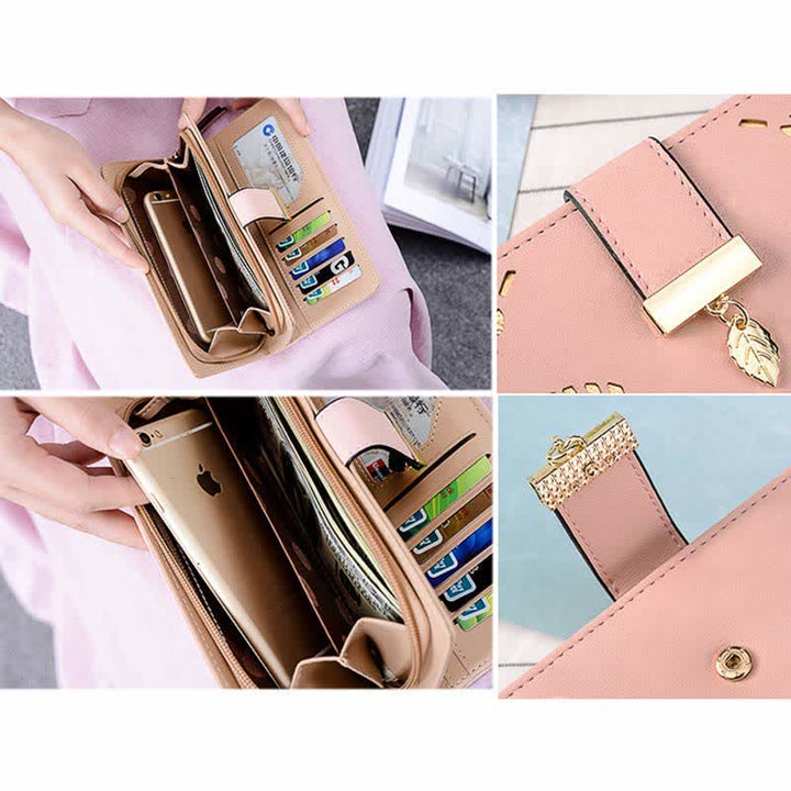 Große Ledergeldbörse für Damen, ausgehöhlt, lang, Clutch