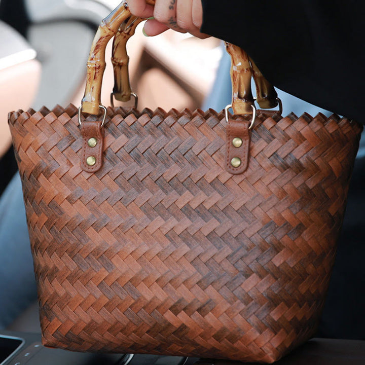 Strohtasche für Damen, Handtasche mit Retro-Bambusmuster