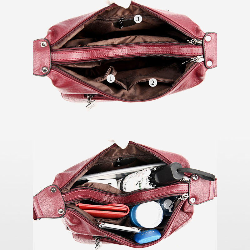 Umhängetasche mit zwei Fächern für Damen, weiches Leder, Damen-Umhängetasche