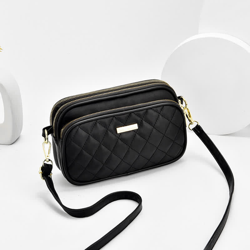 Umhängetasche mit drei Reißverschlüssen, gestepptes Leder, Schultertasche für Damen
