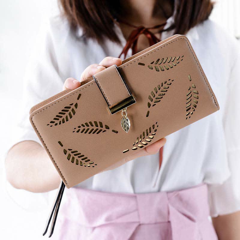 Große Ledergeldbörse für Damen, ausgehöhlt, lang, Clutch